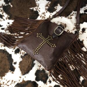 MCFADIN Two Bar West Studded Cross Leather Fringe Buckle Texas Cowgirl Rodeo